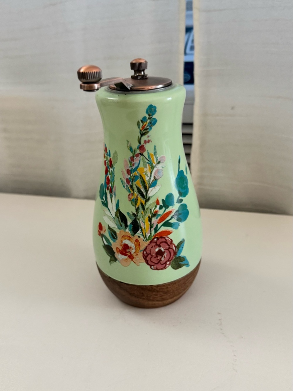 The Pioneer Woman Mint Floral Ceramic Pepper Grinder with Wood Base